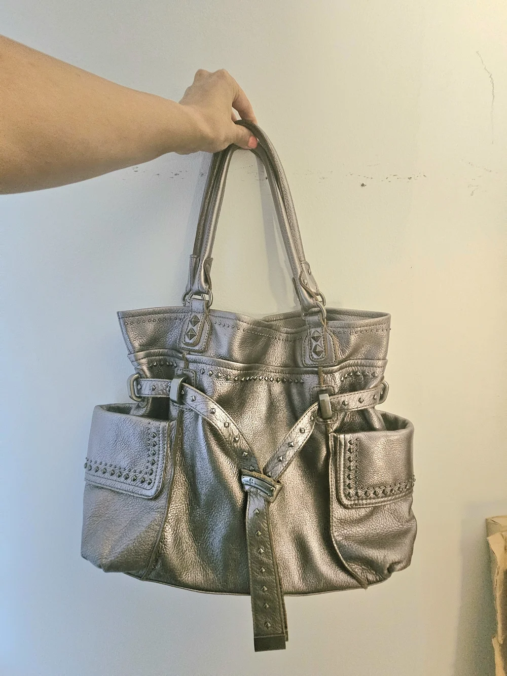 B. Makowsky Genuine Leather Metallic Pewter Large Shoulder Tote Bag